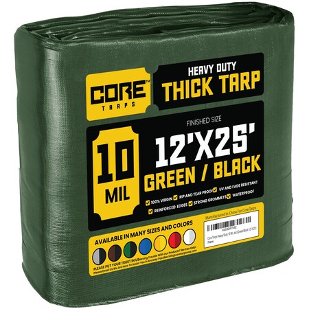 Core Tarps Heavy Duty Tarp, 25 ft L x 0.5 mm H x 12 ft W, 10 Mil, Green/Black, Polyethylene CT-603-12X25